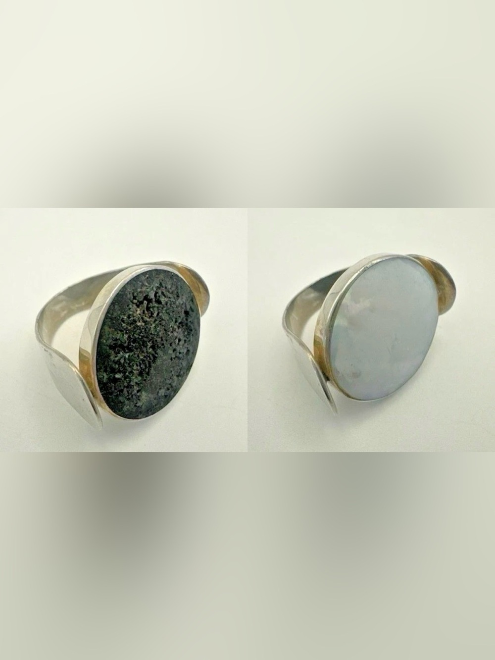 Sterling Silver Swivel Ring MOP Black Lava Hammered Modernist Reversible Size 4